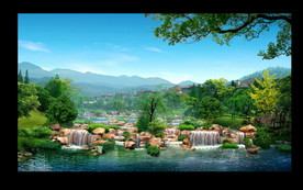 别墅假山跌水景观设计效果图