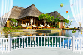 3D抽象房子热气球喷泉背景墙