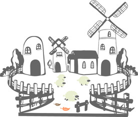 小羊 风车 栅栏  小房子 树