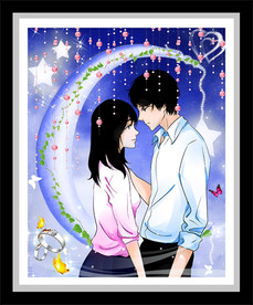 月亮情侣珠帘星星装饰画