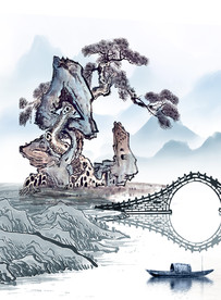新中式简约小桥流水装饰画素材