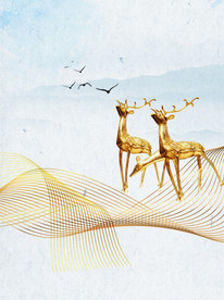 动感金色线条麋鹿浅色风景装饰画