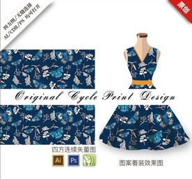 手绘蝴蝶花草循环印花背景图案