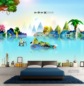 绿色山水写意 墙壁画