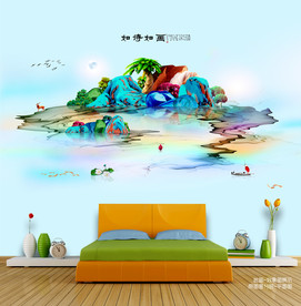 绿色山水写意画 墙壁画