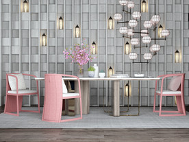 中式粉色木制餐桌椅组合