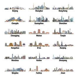 中国十八个景点城市矢量图