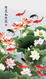 荷花九鱼图