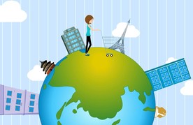 一个人物绕地球走有建筑和风景