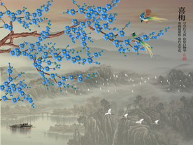 原创梅花喜鹊喜梅背景墙