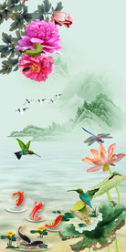 原创玄关荷花牡丹鲤鱼家和富贵