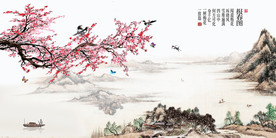 原创手绘梅花喜鹊水墨山水报春图