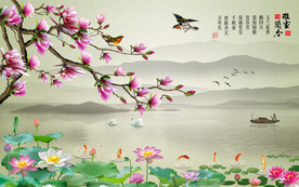 原创玉兰荷花雅啥兰香背景墙