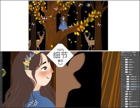 手绘森林麋鹿装饰壁画背景墙