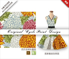 矢量撞色小清新手绘花朵印花