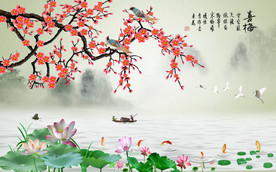 原创梅花喜鹊荷花喜梅背景墙