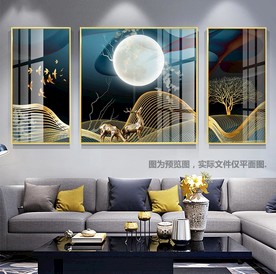 新中式麋鹿沙发三联晶瓷画无框画