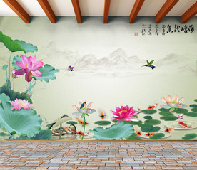 原创荷花九鱼荷塘鱼趣背景墙