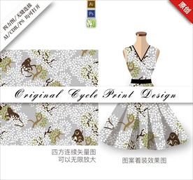 矢量手绘猴子叶子丛林循环图案