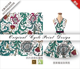 矢量手绘抽象中国风花朵循环图案