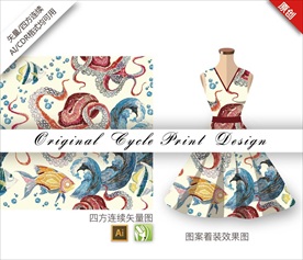 原创抽象矢量手绘乌贼循环图案