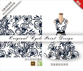 原创抽象中国风花朵手绘循环图案