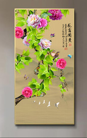 原创玄关牡丹花鸟花开富贵装饰画
