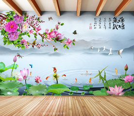 原创牡丹荷花鲤鱼荷塘鱼趣背景墙