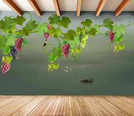 原创葡萄花鸟装饰画背景墙