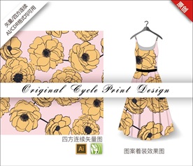 原创手绘线条黄色牡丹循环图案