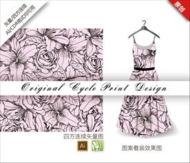 原创手绘线条月季杜鹃花循环图案