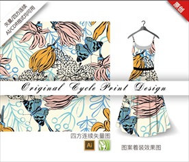 原创手绘菊花涂鸦插画循环图案