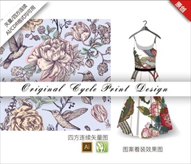 原创手绘中国风蜂鸟牡丹循环图案