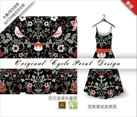 原创手绘中国风鸟花循环图案