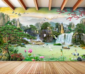 原创瀑布迎客松流水生财背景墙