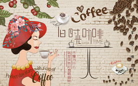 个性砖墙美女慢时光咖啡工装背景