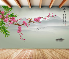原创梅花竹子春喜背景墙装饰画