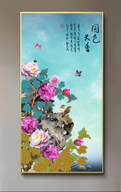 原创玄关牡丹小鸟国色天香壁画