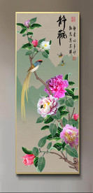 原创玄关牡丹喜鹊静观装饰画壁画