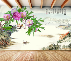 原创牡丹山水风景画江南春背景墙