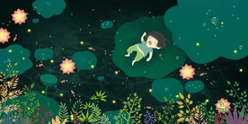 夏至夜晚躺在荷叶上的小孩