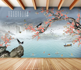原创梅花喜鹊喜梅风景画背景墙