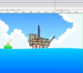 一艘船在海上采油站旁边行驶而过