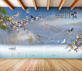 原创梅花竹子喜鹊梅竹图背景墙