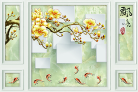 飘香玉兰山水中式电视背景墙