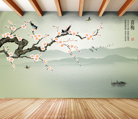 原创手绘梅花喜鹊喜梅背景墙壁画