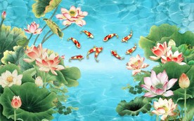 荷花九鱼图背景墙