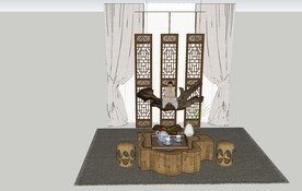 新中式茶桌  屏风SU模型