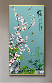 原创高清玄关梅花花鸟竹子背景墙