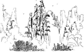 高清矢量素描山水硅藻泥刻图素材